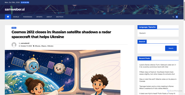 Security scan screenshot of https://samweber.si/en/2026/10/17/russia-cosmos-2612-approaches-iceye-x36-satellite-ukraine-leolabs/