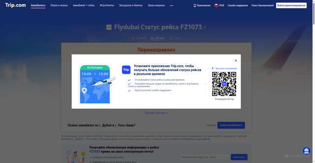 Security scan screenshot of https://ru.trip.com/flights/status-fz1073/