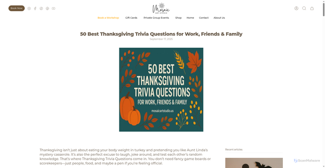 Security scan screenshot of https://mosaicartstudio.us/blogs/news/50-best-thanksgiving-trivia-questions?srsltid=AfmBOoqZNAHezeSi3XpD77OcTz0b3_wUYiMtKZ5a7jwd5_aztsuwn7j-