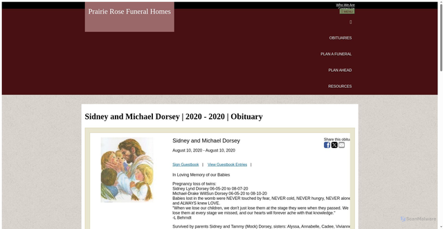 Security scan screenshot of https://www.prairierosefuneralhomes.com/obituary/sydney-and-michael-dorsey