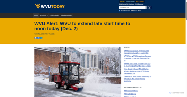 Security scan screenshot of https://wvutoday.wvu.edu/stories/2025/12/02/wvu-alert-wvu-to-extend-late-start-time-to-noon-today-dec-2