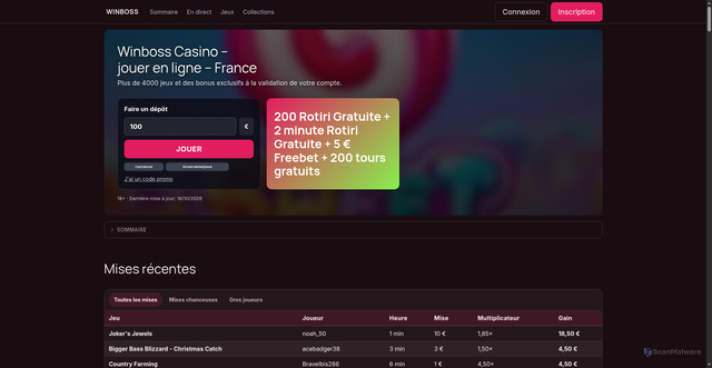 Security scan screenshot of https://winbosscasino.fr/