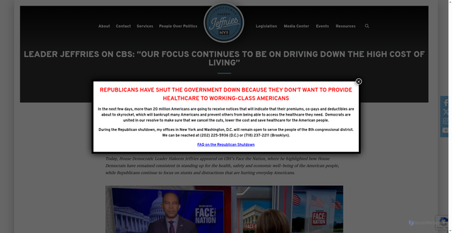 Security scan screenshot of https://jeffries.house.gov/2025/10/26/leader-jeffries-on-cbs-our-focus-continues-to-be-on-driving-down-the-high-cost-of-living/