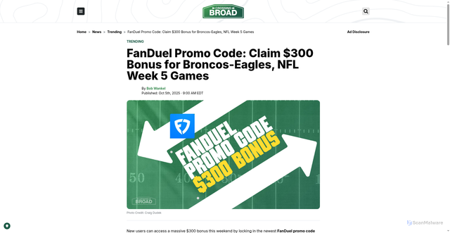 Security scan screenshot of https://www.crossingbroad.com/news/trending/fanduel-promo-code-sign-up-nfl-week-5/
