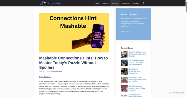 Security scan screenshot of https://cultinvestor.com/mashable-connections-hint-today/