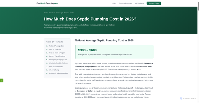 Security scan screenshot of https://findsepticpumping.pages.dev/how-much-does-septic-pumping-cost.html