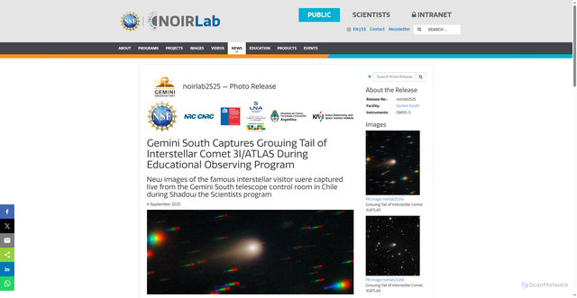Security scan screenshot of https://noirlab.edu/public/news/noirlab2525/
