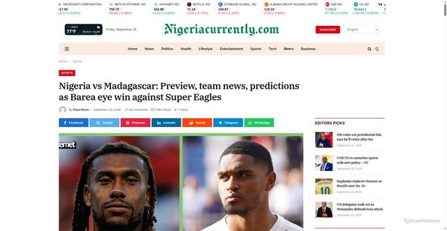 Security scan screenshot of https://nigeriacurrently.com/nigeria-vs-madagascar-preview-team-news-predictions-as-barea-eye-win-against-super-eagles/