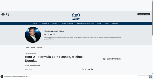 Security scan screenshot of http://www.foxsportsradio.com/featured/the-dan-patrick-show/content/2025-11-21-1119-the-dan-patrick-show-hour-2-formula-1-pit-passes-michael-douglas/
