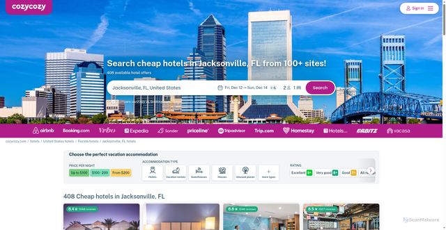 Security scan screenshot of https://www.cozycozy.com/us/jacksonville-hotels