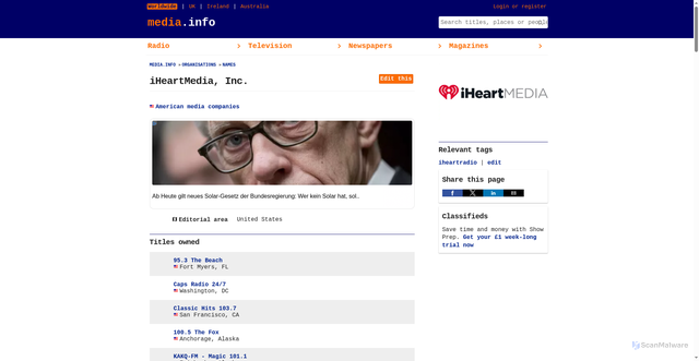 Security scan screenshot of https://media.info/organisations/names/iheartmedia-inc