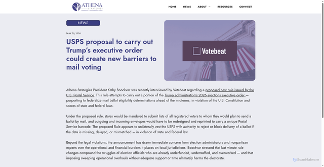 Security scan screenshot of https://athena-strategies.com/usps-proposal-to-carry-out-trumps-executive-order-could-create-new-barriers-to-mail-voting/