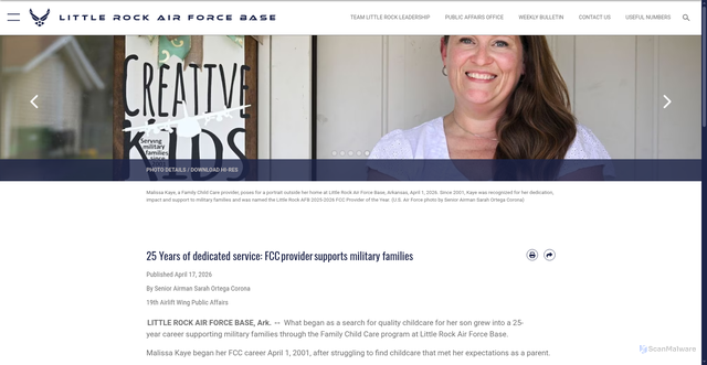 Security scan screenshot of https://www.littlerock.af.mil/News/Article-Display/Article/4463667/25-years-of-dedicated-service-fcc-provider-supports-military-families/