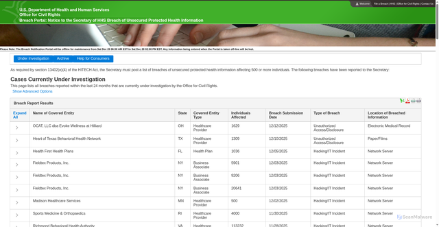 Security scan screenshot of https://ocrportal.hhs.gov/ocr/breach/breach_report.jsf