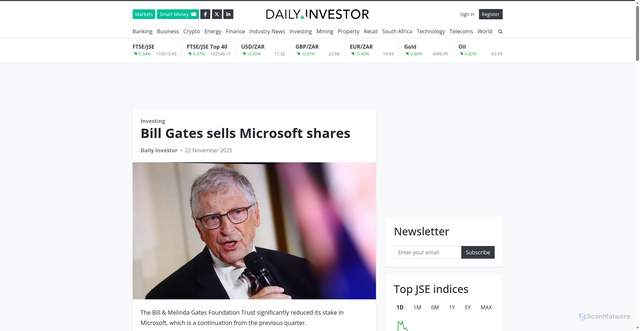 Security scan screenshot of https://dailyinvestor.com/investing/111902/bill-gates-sells-microsoft-shares/