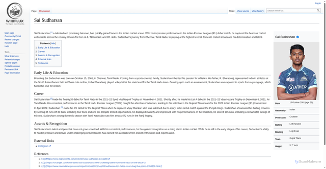 Security scan screenshot of https://en.wikiflux.org/wiki/index.php/Sai_Sudharsan