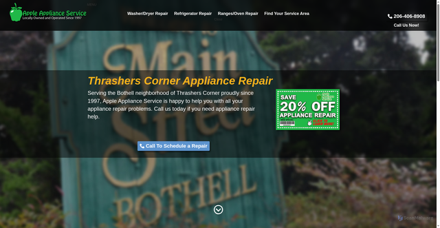 Security scan screenshot of https://appleapplianceservice.com/service-areas/thrashers-corner/