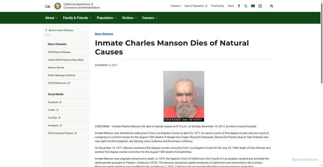 Security scan screenshot of https://www.cdcr.ca.gov/news/2017/11/19/inmate-charles-manson-dies-of-natural-causes/
