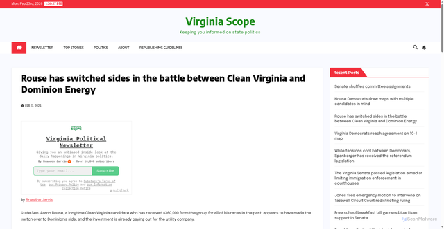 Security scan screenshot of https://www.virginiascope.com/rouse-has-switched-sides-in-the-battle-between-clean-virginia-and-dominion-energy/