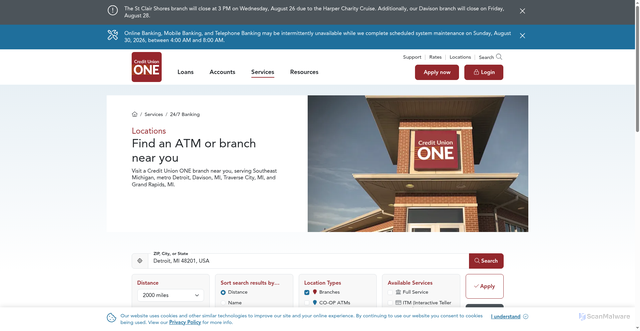 Security scan screenshot of https://www.cuone.org/services/24-7-banking/locations