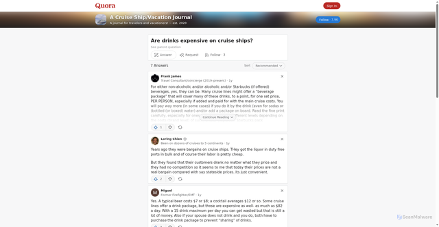 Security scan screenshot of https://cruiseshipadventures.quora.com/Are-drinks-expensive-on-cruise-ships