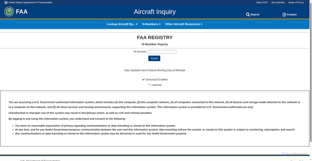 Security scan screenshot of https://registry.faa.gov/aircraftinquiry/search/nnumberinquiry