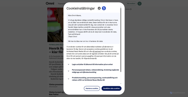 Security scan screenshot of https://omni.se/uppgifter-rydstrom-nara-amerikansk-klubb/a/e78vo9