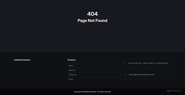 Security scan screenshot of https://capitalinvestoption.online/%E2%80%9Chttps://www.smartsupp.com%E2%80%9D/%E2%80%9Chttps://www.smartsupp.com%E2%80%9D/%E2%80%9Chttps://www.smartsupp.com%E2%80%9D/%E2%80%9Chttps://www.smartsupp.com%E2%80%9D/about