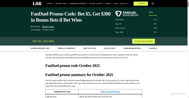 Security scan screenshot of https://www.legalsportsreport.com/betting-sites/fanduel-promo-code/