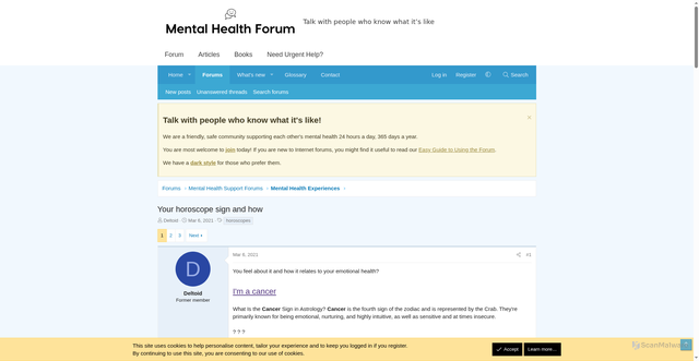 Security scan screenshot of https://www.mentalhealthforum.net/forum/threads/your-horoscope-sign-and-how.360546/