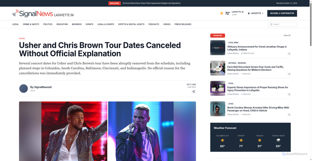 Security scan screenshot of https://signalnewslafayettein.com/story/53997/usher-and-chris-brown-tour-dates-canceled-without-official-explanation/