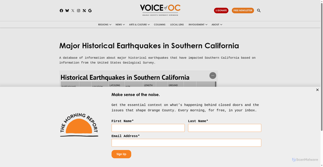 Security scan screenshot of https://voiceofoc.org/major-historical-earthquakes-in-southern-california/