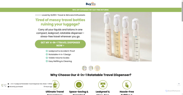 Security scan screenshot of https://www.buytto.com/funnel/landingpage-4-in-1-leakproof-rotatable-travel-dispenser-set