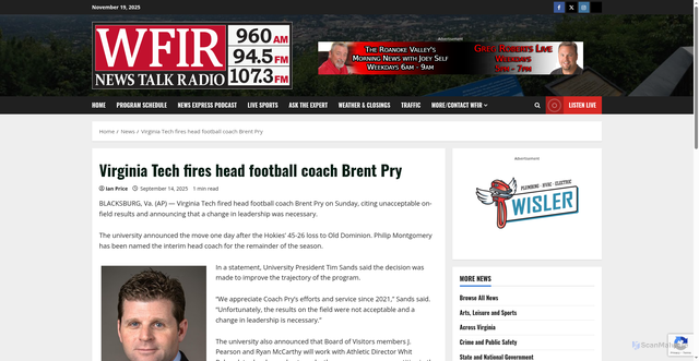 Security scan screenshot of https://wfirnews.com/news/virginia-tech-fires-head-football-coach-brent-pry