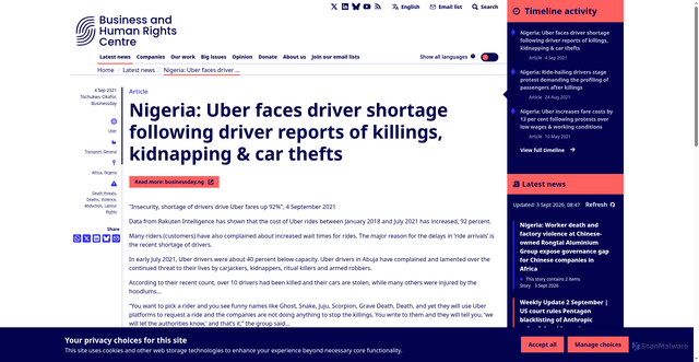 Security scan screenshot of https://www.business-humanrights.org/en/latest-news/nigeria-uber-faces-driver-shortage-following-driver-reports-of-killings-kidnapping-car-thefts/