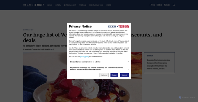 Security scan screenshot of https://www.wearethemighty.com/entertainment/our-huge-list-of-veterans-day-2025-freebies-discounts-and-deals/