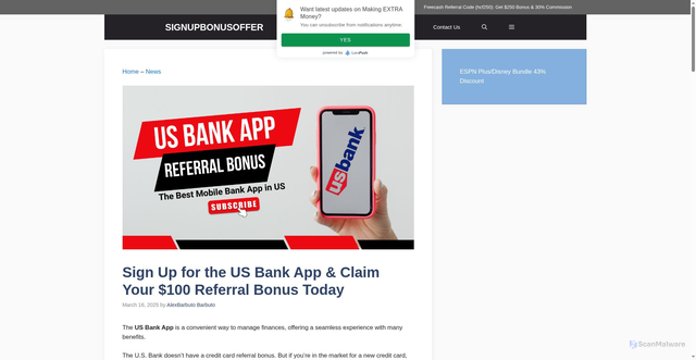 Security scan screenshot of https://signupbonusoffer.com/us-bank-app-referral-bonus