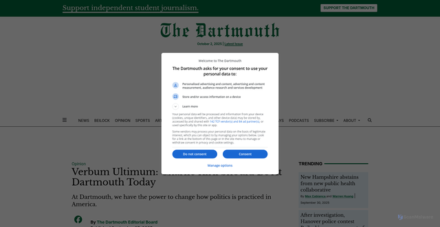 Security scan screenshot of https://www.thedartmouth.com/article/2025/09/verbum-ultimum-charlie-kirk-should-be-here-today