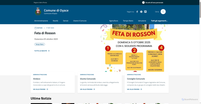 Security scan screenshot of https://www.comune.oyace.ao.it/