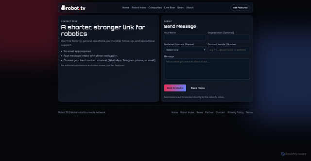 Security scan screenshot of https://robottv-main.pages.dev/contact.html?topic=sponsor-inquiry&source=media-kit