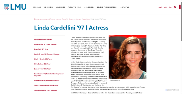 Security scan screenshot of https://cfa.lmu.edu/programs/theatrearts/beyondtheclassroom/featuredalumni/lindacardellini97actress/