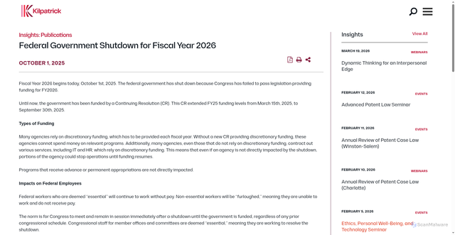 Security scan screenshot of https://ktslaw.com/en/insights/perspectives/2025/10/federal%20government%20shutdown%20fiscal%20year%202026