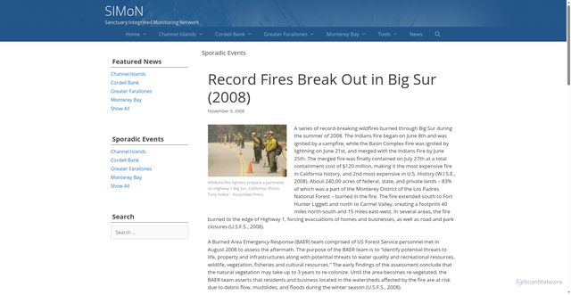 Security scan screenshot of https://sanctuarysimon.org/2008/11/record-fires-break-out-in-big-sur-2008/