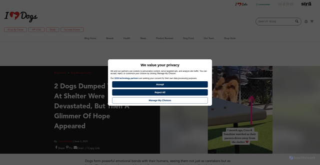 Security scan screenshot of https://iheartdogs.com/bonded-dogs-abandoned-shelter-florida-rescue/