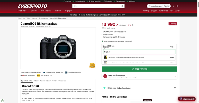 Security scan screenshot of https://www.cyberphoto.se/foto-video/kameror/systemkameror/canon-eos-r8-kamerahus