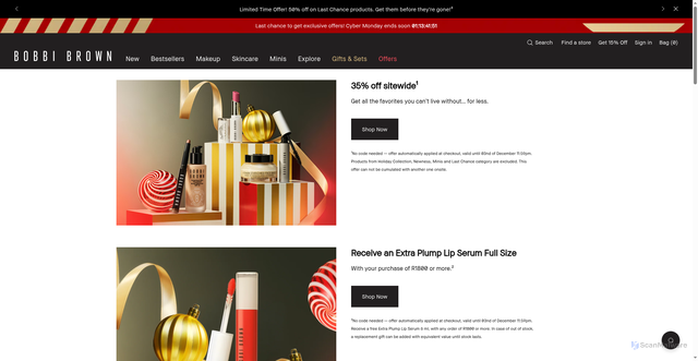 Security scan screenshot of https://www.bobbibrown.co.za/offers-landing-page?_gl=1%2A1fwve45%2A_up%2AMQ..&gclid=EAIaIQobChMI4Z3b9dDYjQMVHKlaBR0DAjYHEAAYASAAEgL-t_D_BwE&gbraid=0AAAAA-sckwVVq2MWvz8RVV0mKP20FvWKZ&lid=mk0w18glpmzm