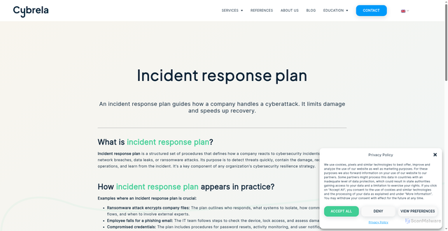 Security scan screenshot of https://cybrela.com/en/glossary/incident-response-plan/