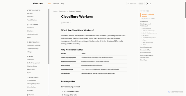 Security scan screenshot of https://flare-site.pages.dev/docs/deployment/cloudflare-workers