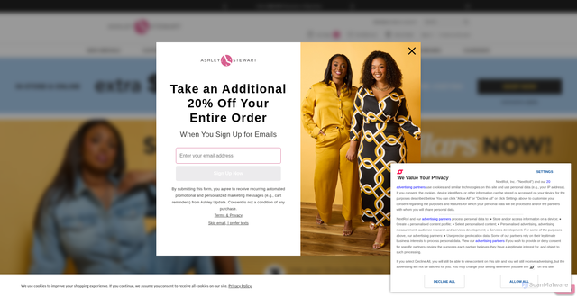 Security scan screenshot of https://www.ashleystewart.com/?srsltid=AfmBOopQVafPjdI_OtJM81GPEtvLaRc8DWzsKphyZiheY72X_1-KpN8T