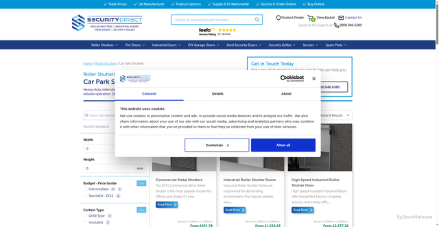 Security scan screenshot of https://securitydirectuk.com/roller-shutters/car-park/